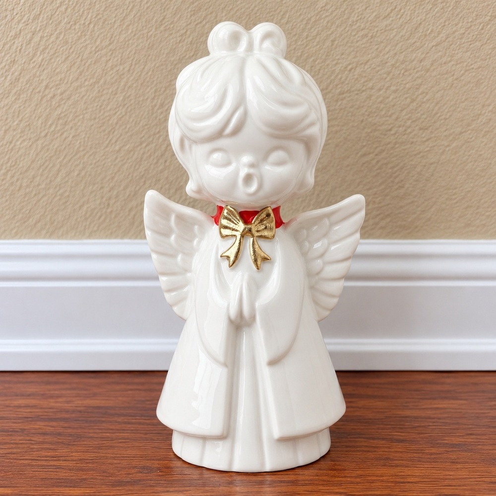 VTG Ceramic Christmas Angel Choir Figurine White Gold Red MCM Holiday Decor